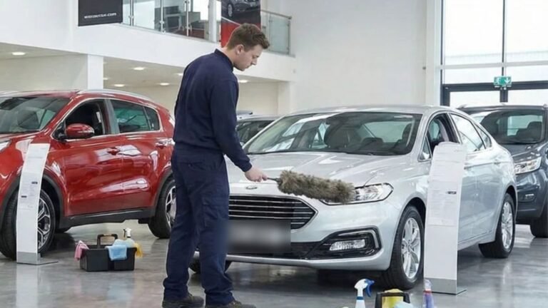 Car showroom cleaning, dusting a display vehicle