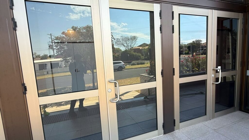 Cleaned glass entrance doors at a Toowoomba school
